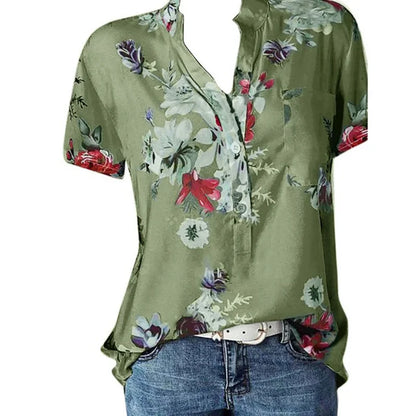 Elegant women's shirt printing large size casual shirt fashion V-neck short-sleeved shirt blouse