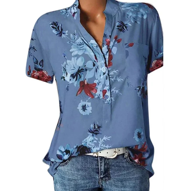 Elegant women's shirt printing large size casual shirt fashion V-neck short-sleeved shirt blouse