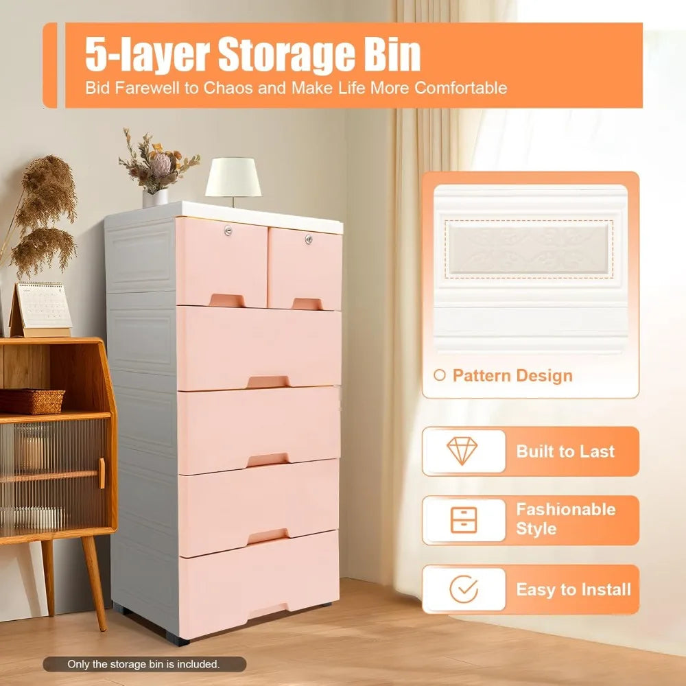 6 Drawer Pink Plastic Dresser for Kids Bedroom with Wheels - Kid's Storage Organizer - 19.7" x 13.8" x 40"