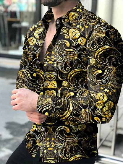 2024 New Hawaiian Shirts Luxury Gold Pattern Shirts Men's Fashion Casual Shirts Long Sleeves Lapel Beach Shirts Men's Clothing