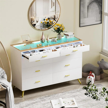 Dresser with Hanging Rack, 5 Drawer Clothes Dresser with Charging Station and LED Lights, Storage Led Dresser with Top Floating