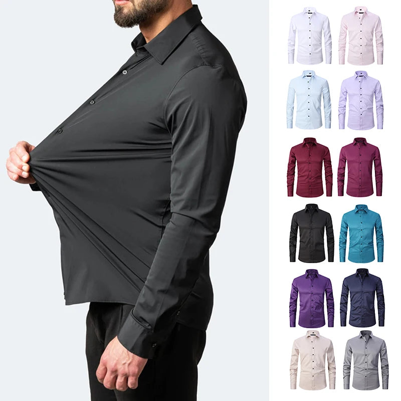 Plus Size 7XL 6XL High Elasticity Seamless Spandex Shirt Men Long Sleeve Slim Fit Casual Solid Color Social Formal Dress Shirts