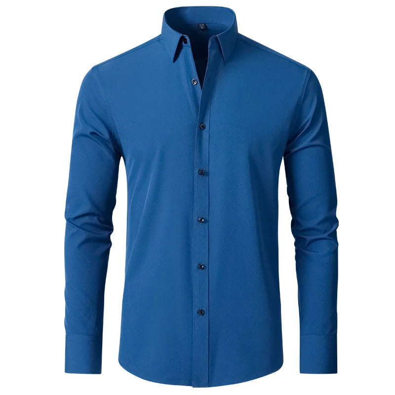 Plus Size 7XL 6XL High Elasticity Seamless Spandex Shirt Men Long Sleeve Slim Fit Casual Solid Color Social Formal Dress Shirts