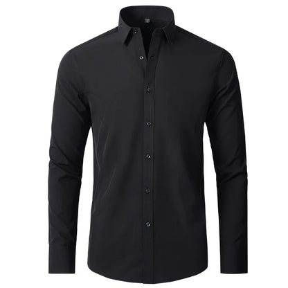 Plus Size 7XL 6XL High Elasticity Seamless Spandex Shirt Men Long Sleeve Slim Fit Casual Solid Color Social Formal Dress Shirts