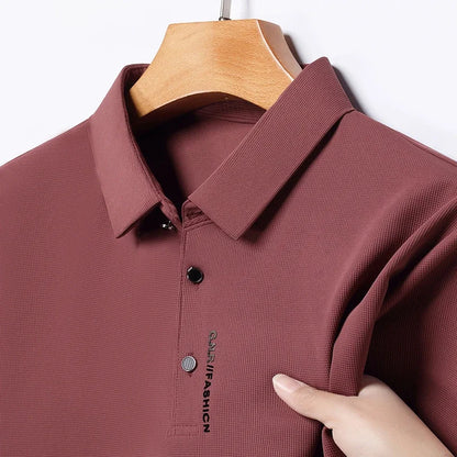 Men's Breathable Solid Color Polo Shirt: Comfortable & Elastic Short Sleeve Top for Casual Business Style - New Arrivals - Lumawear