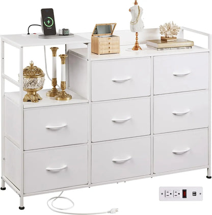 Dresser TV Stand for Bedroom with Charging Station and Open Shelves, Fabric Dresser with 8 Drawers and Wood Top,