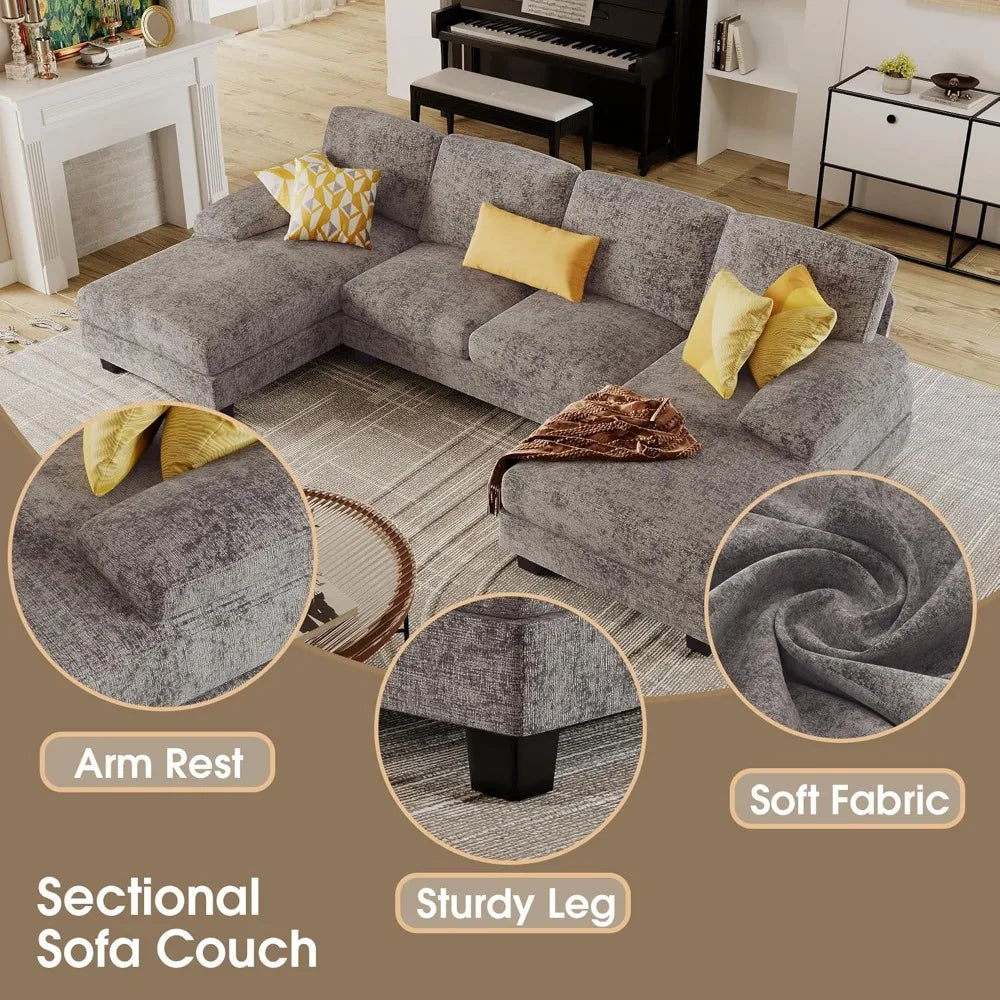 Spacious U-Shaped Sofa Couch with Linen Fabric: 4-Seat Sectional Set Featuring Double Chaise for Ultimate Comfort in Living Room and Apartment - Stylish and Modern Design - Lumawear