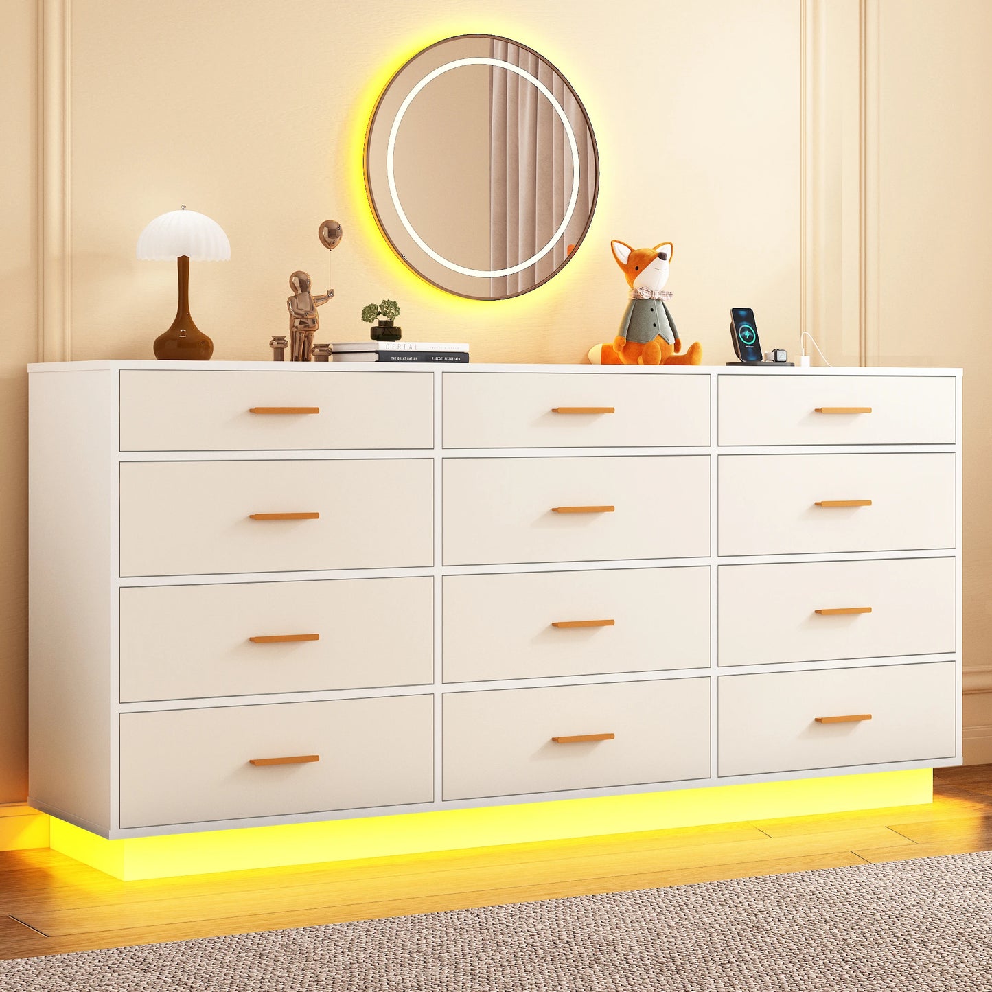 12 Drawer Dresser for Bedroom, 63'' Modern Chest of Drawers with Power Outlets & LED Lights, Wood Dresser for Living Room