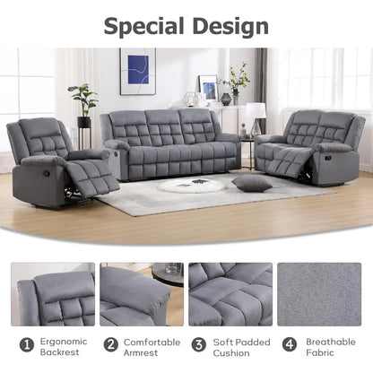 Manual Reclining Couch Sofa Set for Living Room, Include 1 Recliner Chair, 1 Loveseat Recliner Sofa and 1 3-Seat Reclining Sofa