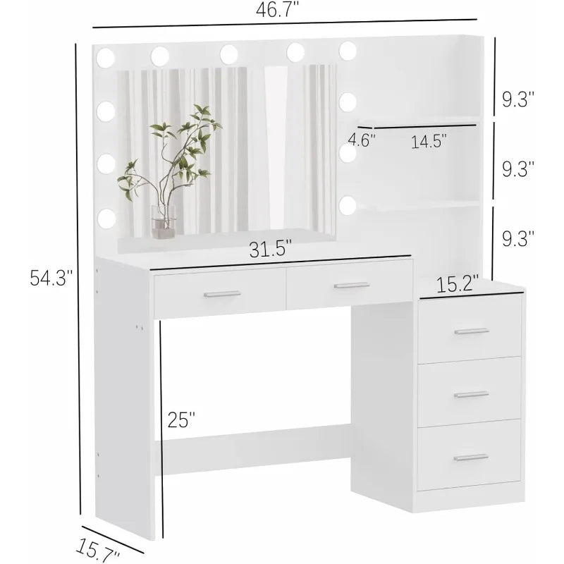 46.7” Vanity with Illuminated Mirror, Large Vanity with Storage Shelves and 5 Drawers, Bedroom Dresser