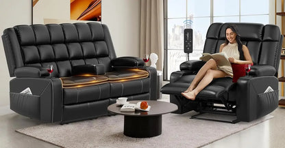 Reclining Sofa and Loveseat Set: Faux Leather Couches with Heat Massage, Removable Console, and Storage Armrests for Ultimate Comfort - Lumawear