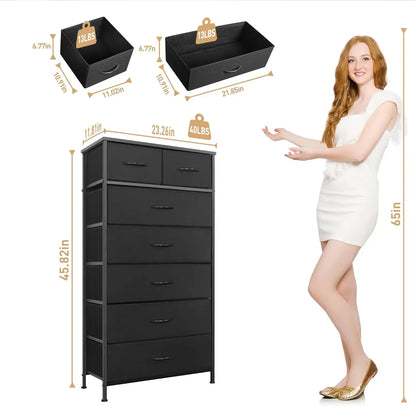 Tall Dresser For Bedroom, Vertical Storage Organizer Tower With 7 Drawers, Chest Of Drawers With Fabric Bins, Steel Frame, Wood