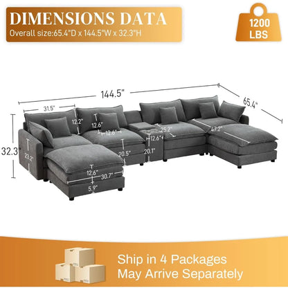 145" U-shaped cloud sofa, modern modular sofa, movable ottoman, fluffy display 6-seater sofa set, center console, USB port