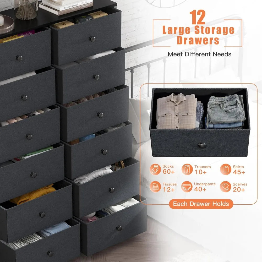 12 Drawer Dresser, Tall Dressers for Bedroom with Wooden Top and Metal Frame, Black Dresser & Chest of Drawers for Bedroom