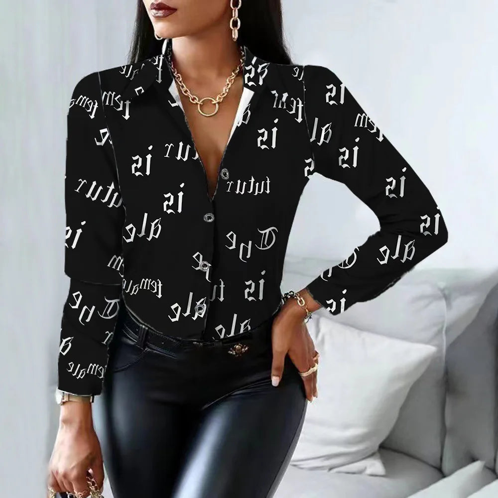 Women's Blouse Fashion Print Long Sleeve Tops Black Elegant Shirts & Blouses Autumn Youthful Woman Clothes 2023 New Arrivals