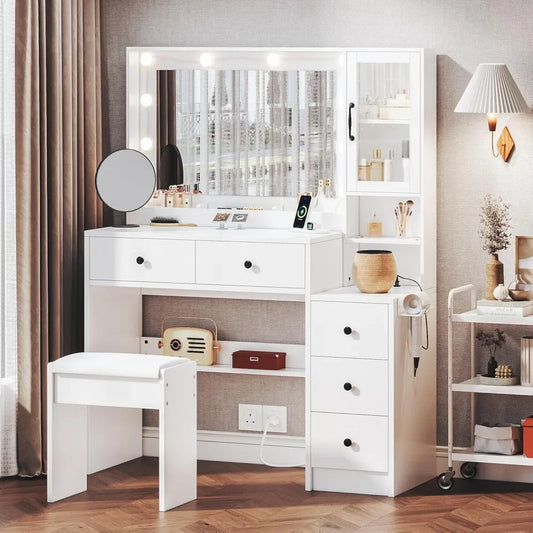 White Vanity Table with Drawer Dresser,Farmhouse Vanity Makeup Desk with Charging Station,Vanity Desk with Lights Mirror&Drawers