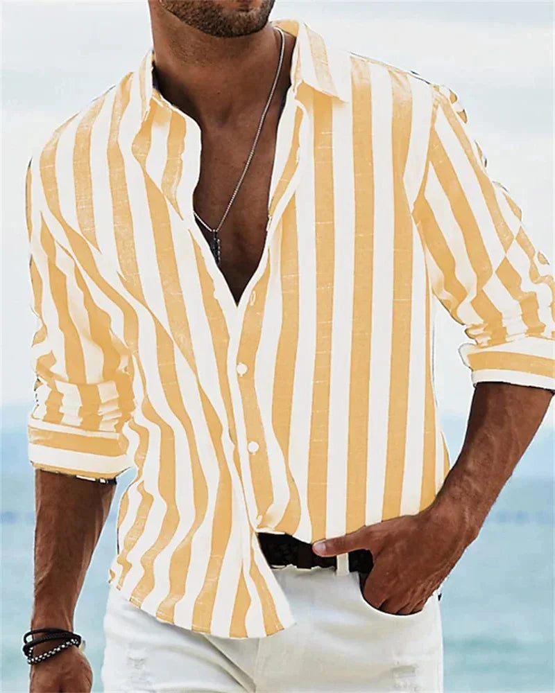 2024 new men's long-sleeved blue striped printed shirt men's social high-end men's Hawaiian style elegant classic fashion tops