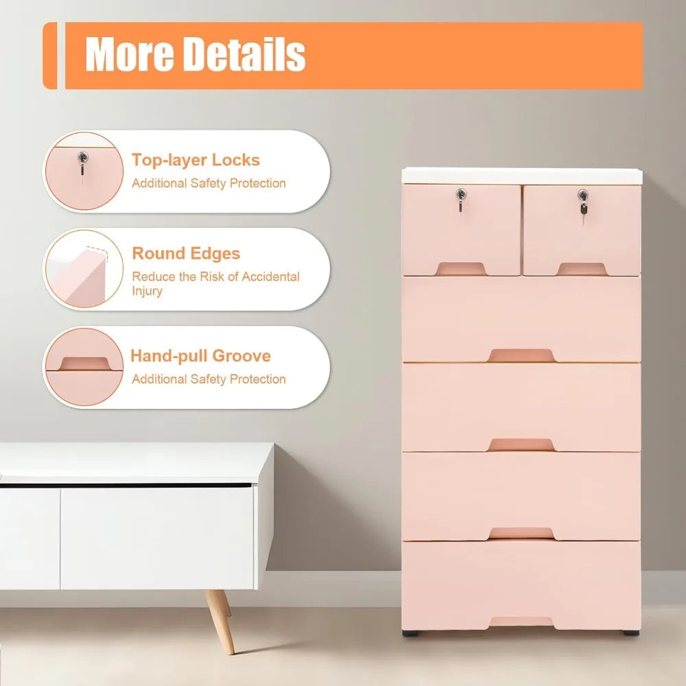 6 Drawer Pink Plastic Dresser for Kids Bedroom with Wheels - Kid's Storage Organizer - 19.7" x 13.8" x 40"