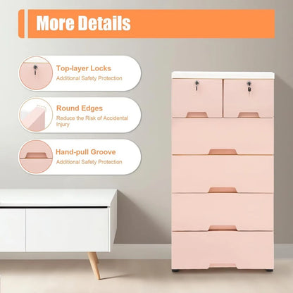 6 Drawer Pink Plastic Dresser for Kids Bedroom with Wheels - Kid's Storage Organizer - 19.7" x 13.8" x 40"