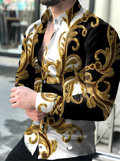 2024 New Hawaiian Shirts Luxury Gold Pattern Shirts Men's Fashion Casual Shirts Long Sleeves Lapel Beach Shirts Men's Clothing