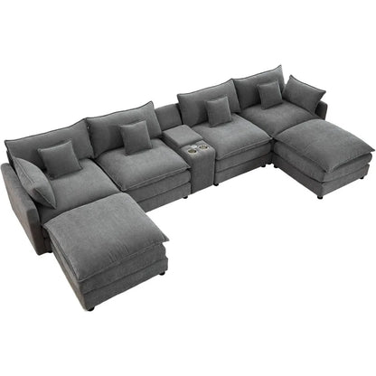 145" U-shaped cloud sofa, modern modular sofa, movable ottoman, fluffy display 6-seater sofa set, center console, USB port