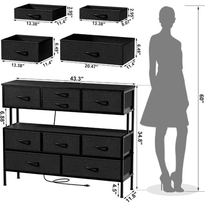 55" TV Stand with 9 Drawers and USB Charging Ports, LED Lights, Fabric Dresser for Bedroom or Living Room, Steel Frame, Large