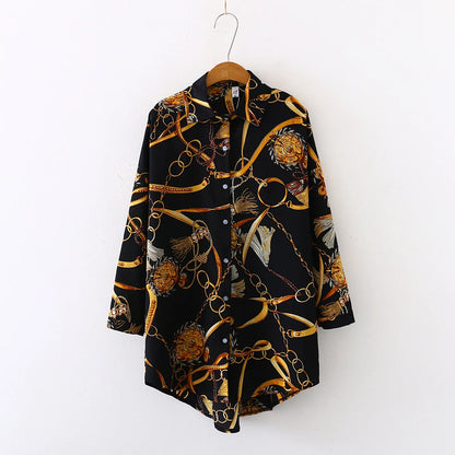 Women Print Long Sleeve Shirt Turn-down Collar Single Breasted Mid Length Version Shirt Loose Casual Office New Women's Clothes