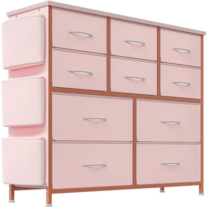 Dresser for Bedroom, 10 Drawers Fabric Storage Drawer, Dressers & Chest of Drawers with Side Pockets, Hooks, Wood Tabletop