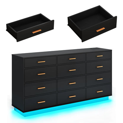 12 Drawer Dresser for Bedroom, 63'' Modern Chest of Drawers with Power Outlets & LED Lights, Wood Dresser for Living Room