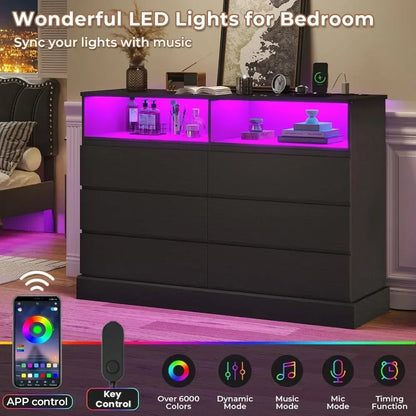 Black Dresser with LED Lights and Charging Station, 51.2" Long Dresser Chest,Modern 6 Drawer Dresser for Bedroom, Living Room