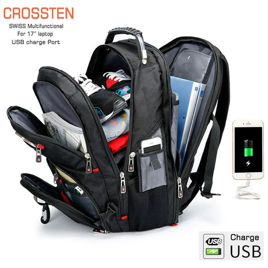 Swiss Multifunctional 17-Inch Laptop Backpack: Durable Travel & College Bag with USB Charging Port & Water Resistance