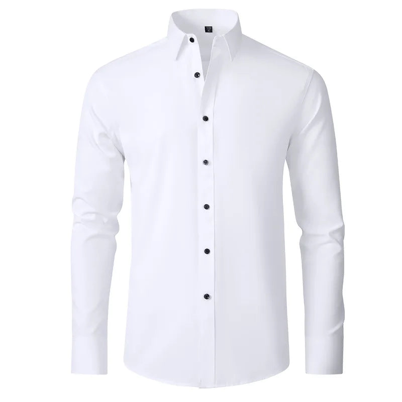 Plus Size 7XL 6XL High Elasticity Seamless Spandex Shirt Men Long Sleeve Slim Fit Casual Solid Color Social Formal Dress Shirts