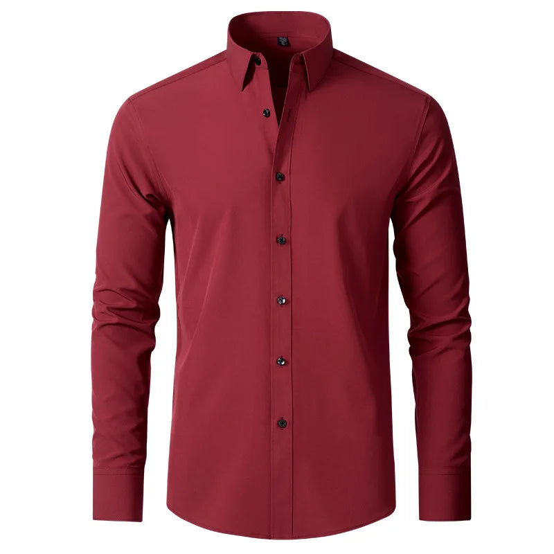 Plus Size 7XL 6XL High Elasticity Seamless Spandex Shirt Men Long Sleeve Slim Fit Casual Solid Color Social Formal Dress Shirts