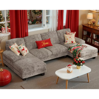 Spacious U-Shaped Sofa Couch with Linen Fabric: 4-Seat Sectional Set Featuring Double Chaise for Ultimate Comfort in Living Room and Apartment - Stylish and Modern Design - Lumawear