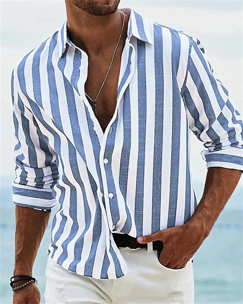 2024 new men's long-sleeved blue striped printed shirt men's social high-end men's Hawaiian style elegant classic fashion tops