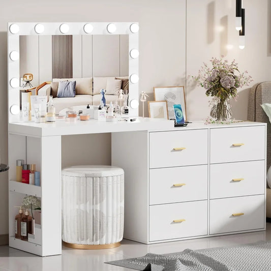 Vanity Makeup Desk with Mirror and 3-Color Lights, Charging Station,6 Drawers,Side 2 Storage Shelves for Bedroom. Dresser