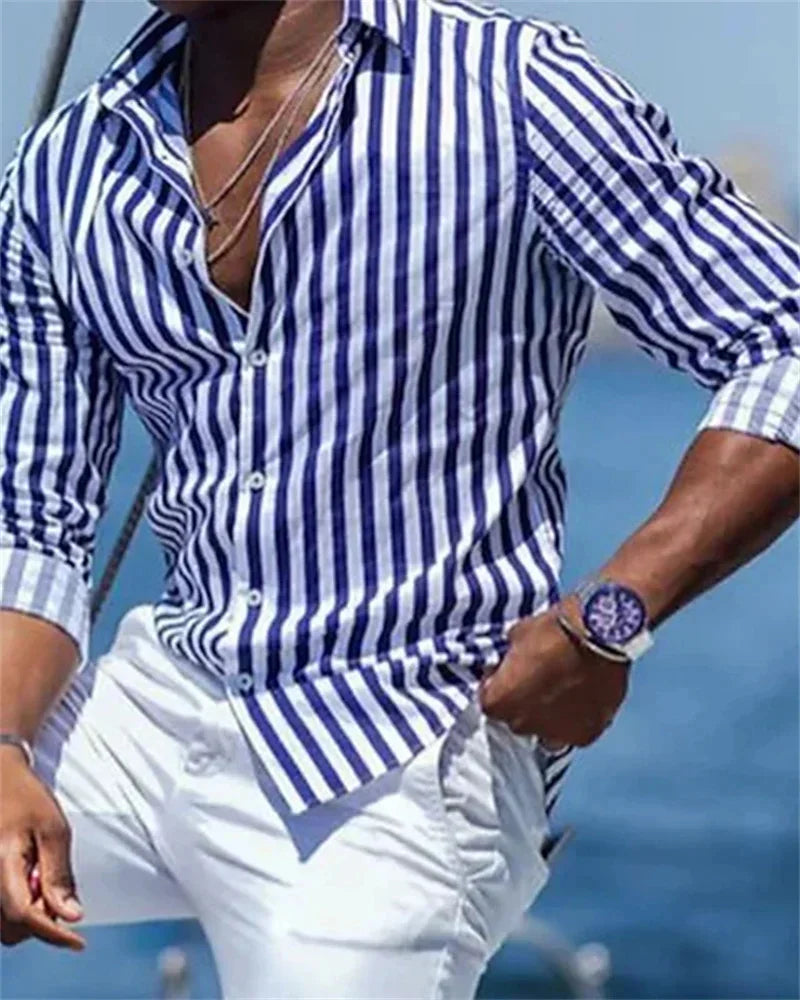 2024 new men's long-sleeved blue striped printed shirt men's social high-end men's Hawaiian style elegant classic fashion tops