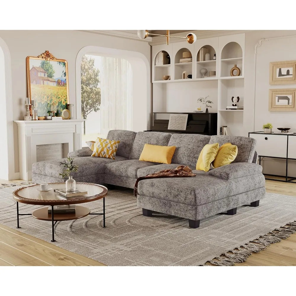 Spacious U-Shaped Sofa Couch with Linen Fabric: 4-Seat Sectional Set Featuring Double Chaise for Ultimate Comfort in Living Room and Apartment - Stylish and Modern Design - Lumawear