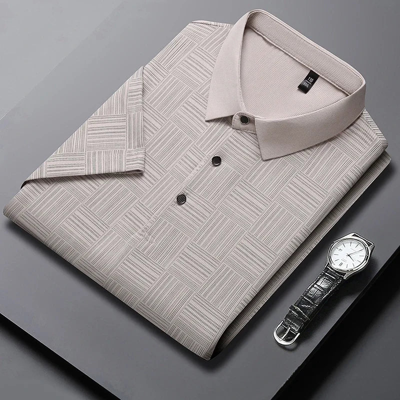 Polo informal de negocios con estampado nuevo para hombre: mangas cortas modernas para mayor comodidad y transpirabilidad - Lumawear