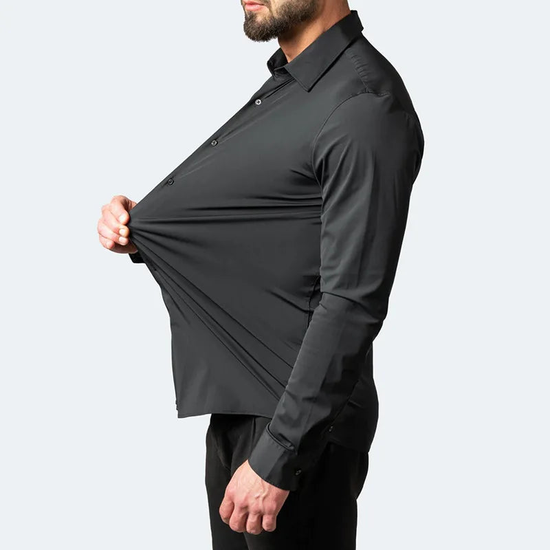 Plus Size 7XL 6XL High Elasticity Seamless Spandex Shirt Men Long Sleeve Slim Fit Casual Solid Color Social Formal Dress Shirts