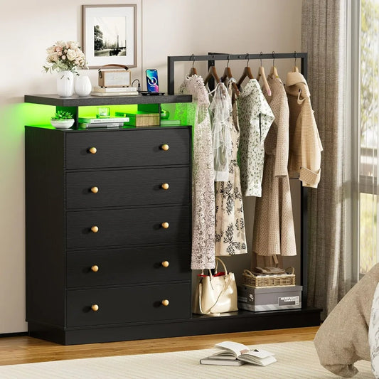 Dresser with Hanging Rack, 5 Drawer Clothes Dresser with Charging Station and LED Lights, Storage Led Dresser with Top Floating