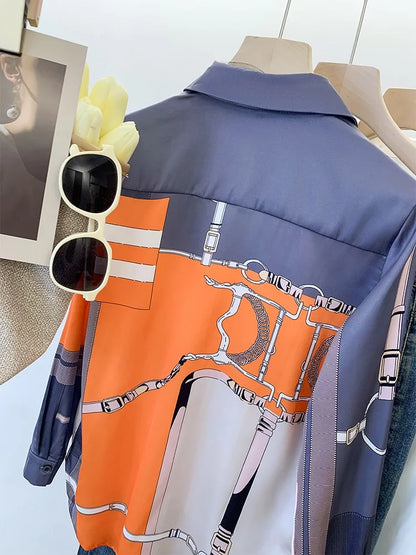 Luxury Brand Design Imitation Silk Orange Grey 2024 Summer Long Sleeves Shirt For Women Elegant Fashion Lady Top Clothes