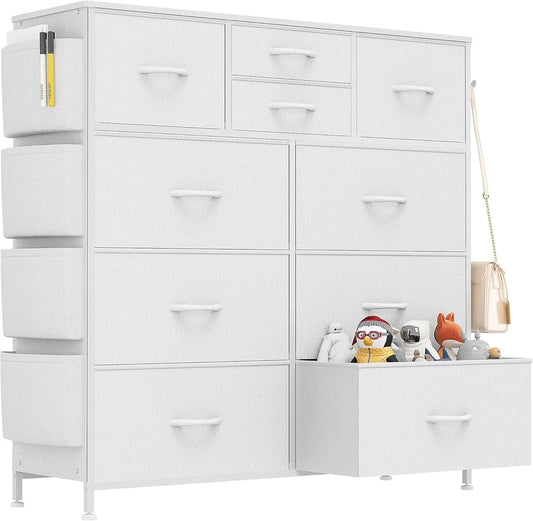 White Dresser for Bedroom with 10 Drawers, Chest of Drawers with Side Pockets and Hooks, PU Storage Dresser, Organizer Unit