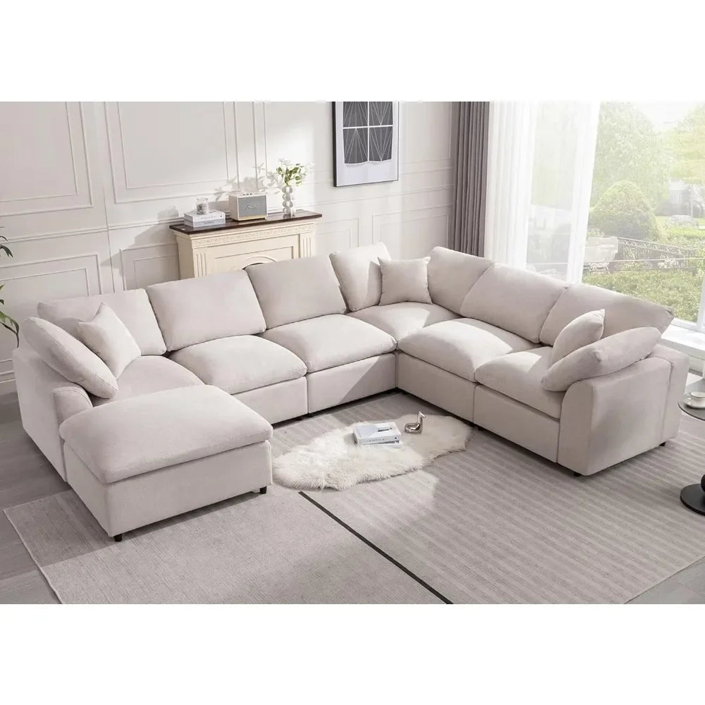 Modern Oversized Sectional Sofa: 7-Seater L-Shaped Cloud Couch with Movable Ottoman for Ultimate Comfort - Stylish and Comfy Couches for Living Room - Lumawear