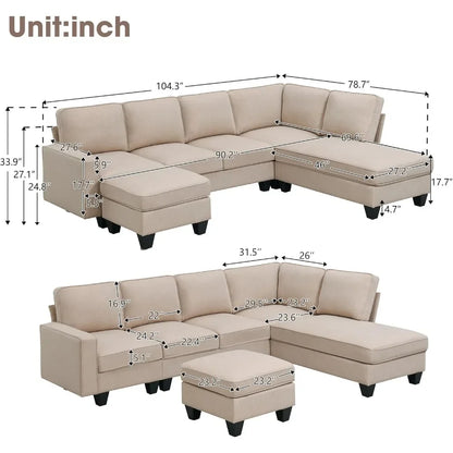 Modern Convertible U-Shape Sectional Sofa: Spacious 7-Seat L-Shaped Living Room Sofa Set with Ottoman for Ultimate Comfort and Style - Perfect for Home Furniture - Lumawear