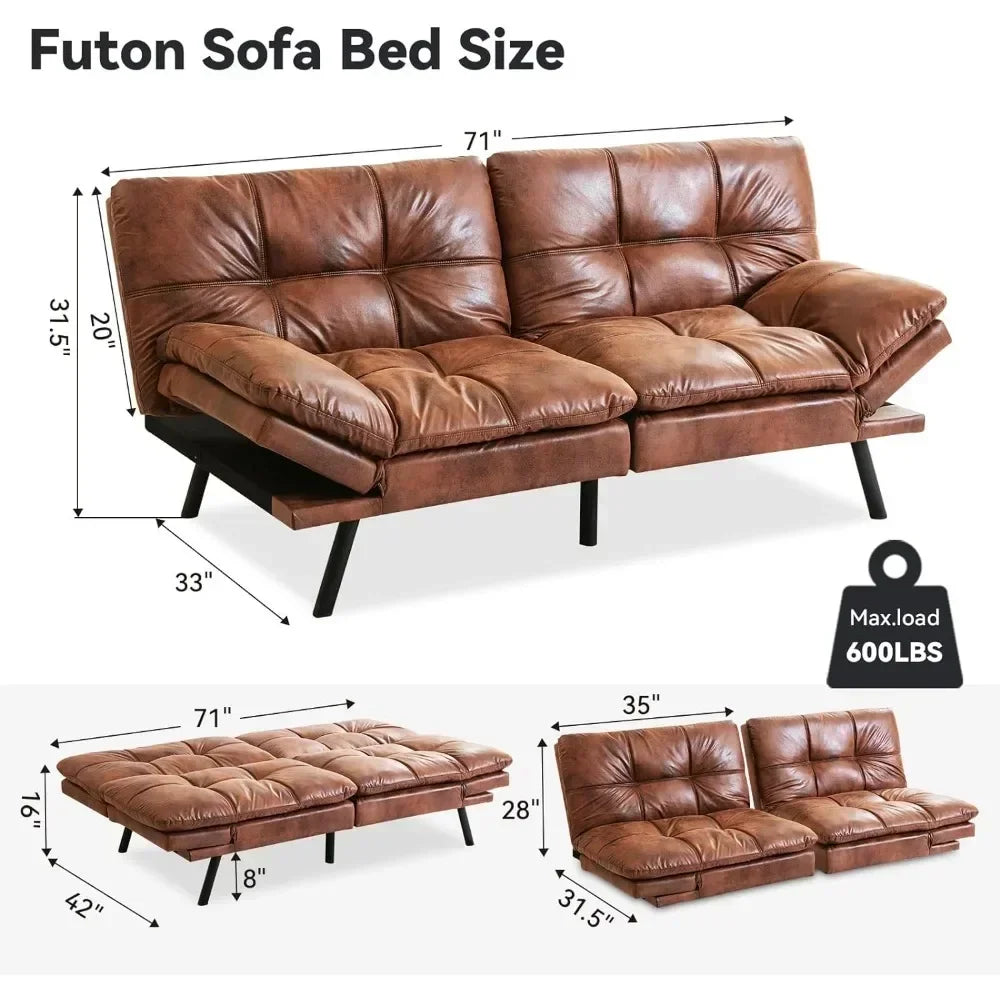 Memory Foam Living Sofa Bed, Leather Futon Couch Foldable Loveseat Sofas, Natural Brown Living Room Furniture