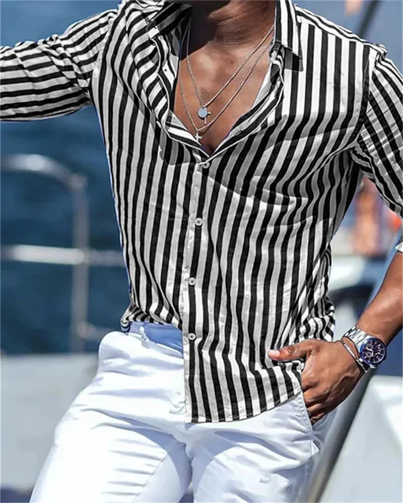 2024 new men's long-sleeved blue striped printed shirt men's social high-end men's Hawaiian style elegant classic fashion tops