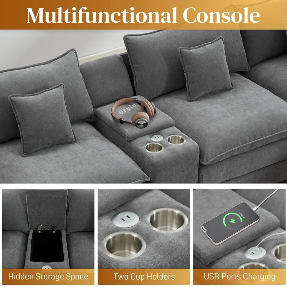 145" U-shaped cloud sofa, modern modular sofa, movable ottoman, fluffy display 6-seater sofa set, center console, USB port