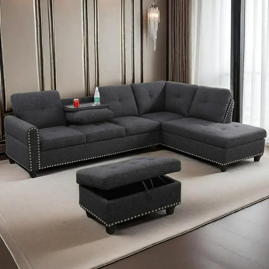 L Shaped Sofa Modern Sectional Couches for Living Room, Bedroom, Office, Dark Grey with Right Chaise