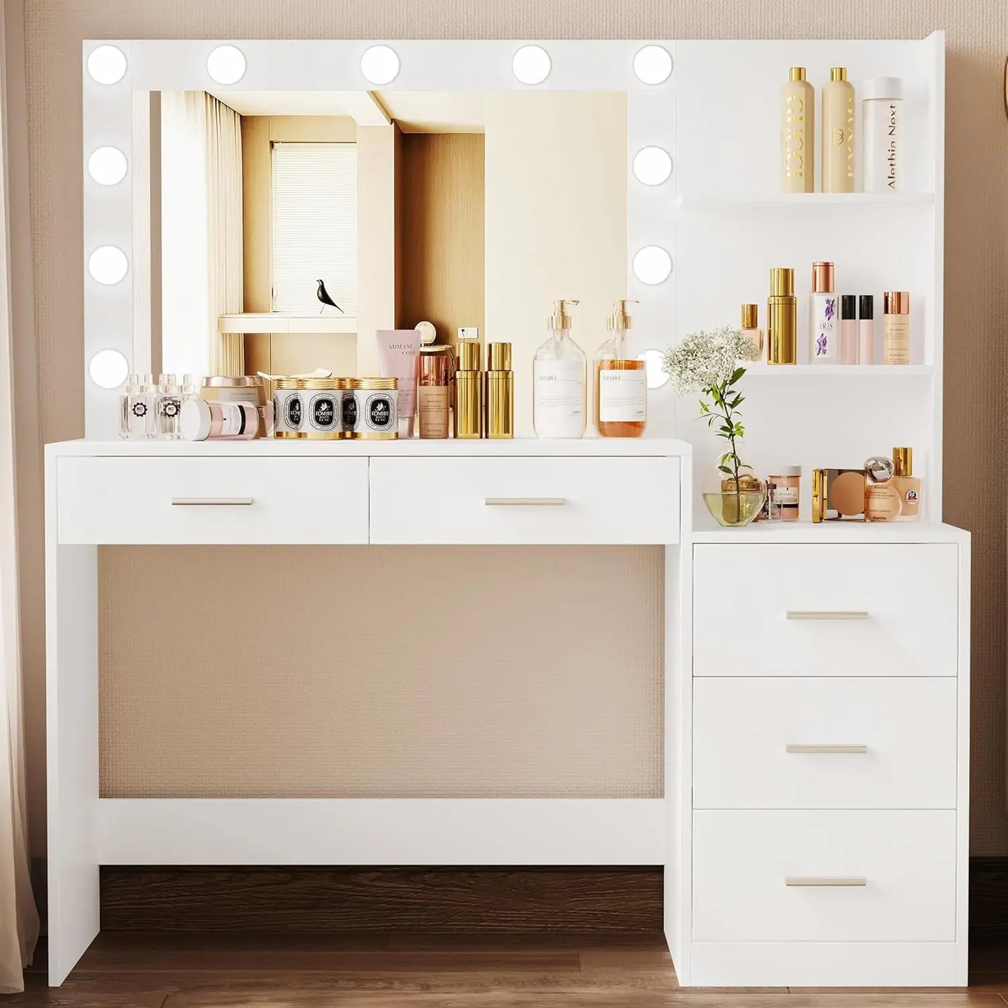 46.7” Vanity with Illuminated Mirror, Large Vanity with Storage Shelves and 5 Drawers, Bedroom Dresser